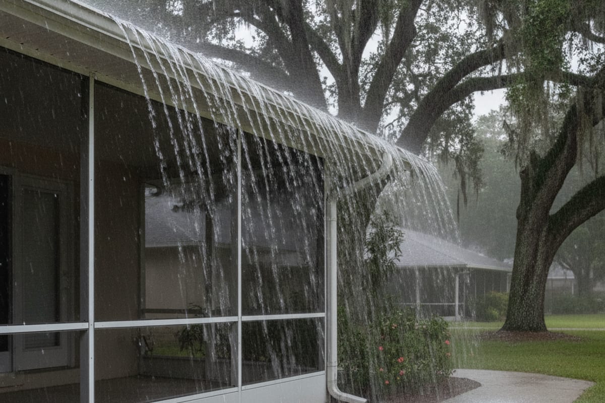 Seamless aluminum gutter running along the fascia of a Lakeland home under oak canopy