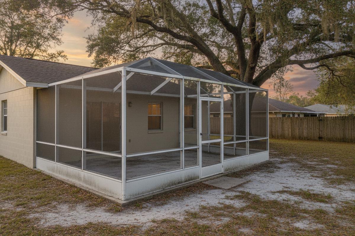 Rear of a light-colored house with a white aluminum screen enclosure over a concrete patio, a large oak, and a wooden fence