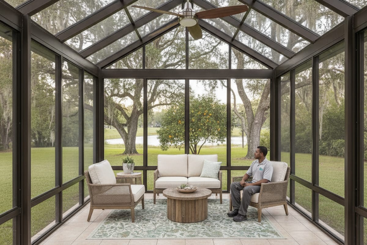 Glass sunroom addition with a tile floor on the back of a Polk County home