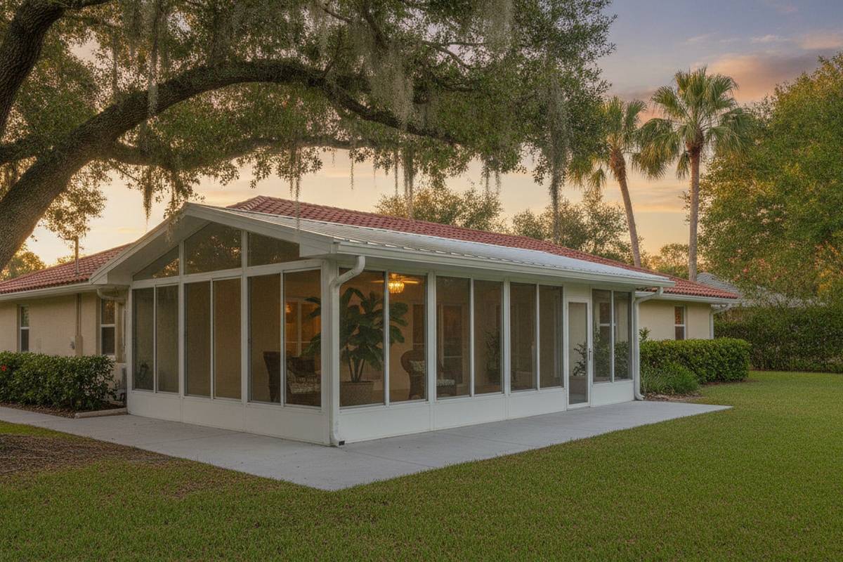 Glass sunroom addition with insulated glazing on the back of a Central Florida home