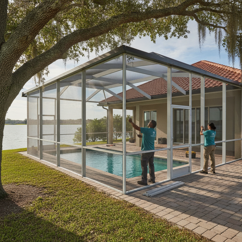 Screened lanai and pool cage on a Winter Haven home by the chain of lakes