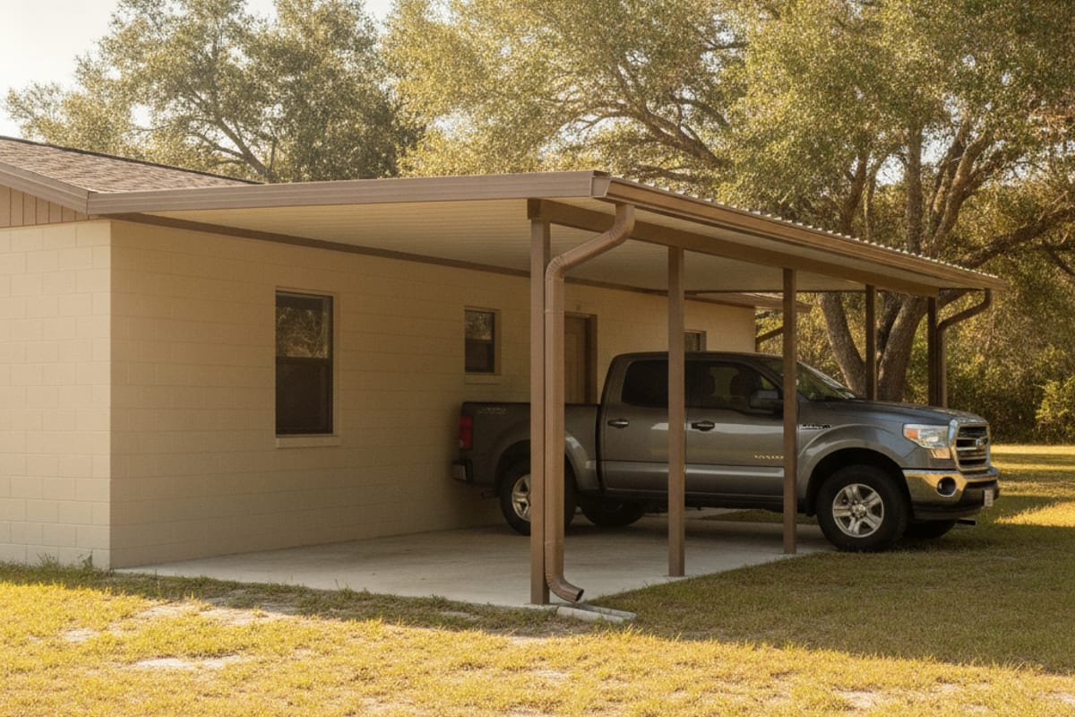 Attached aluminum carport with an insulated roof panel beside a Polk County home