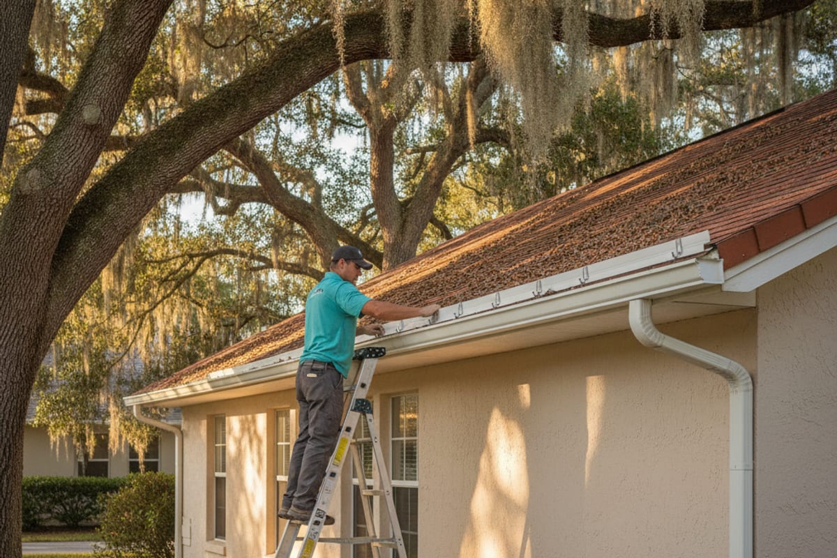 Micro-mesh gutter guard installed over an aluminum gutter under an oak canopy