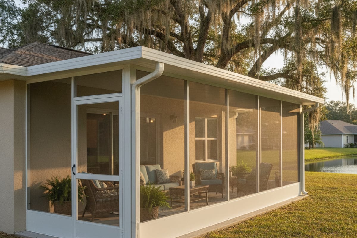 Aluminum crew setting a screen enclosure frame at a Lakeland home