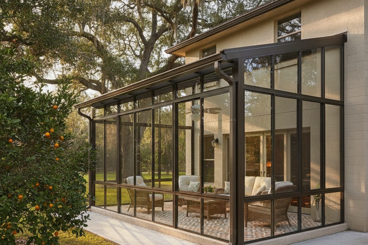 Glass sunroom addition on the back of a Polk County home with a tile floor
